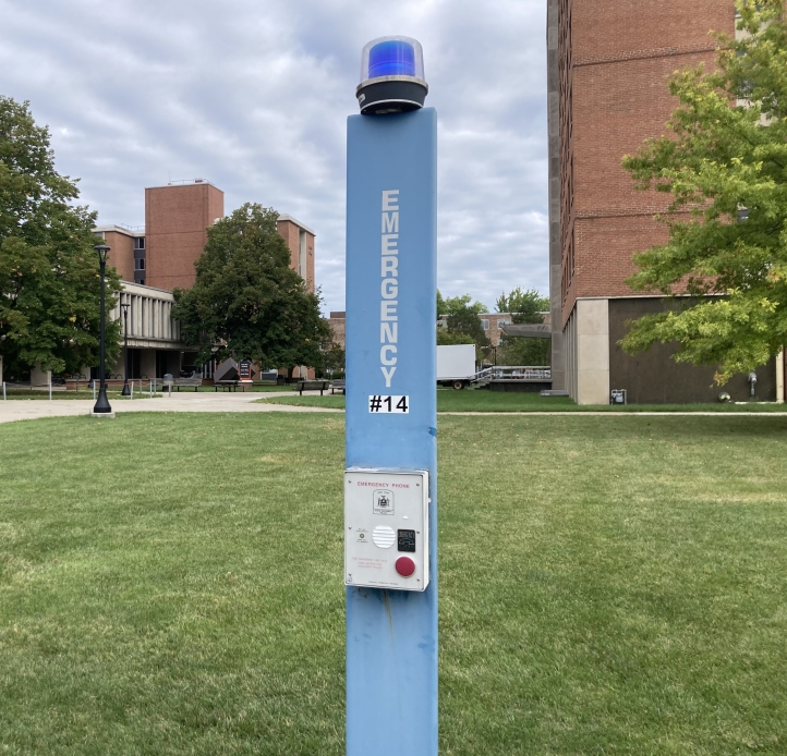 image of blue light phone on campus