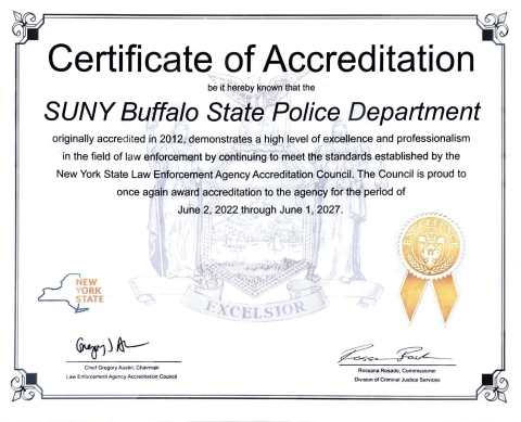 Image of SUNY Buff State Police Department Accreditation certificate